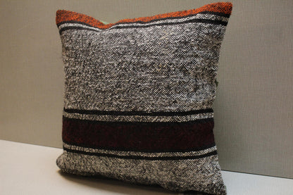 Handwoven Kilim Pillow Cover: Gray, Red, Black Tribal Design