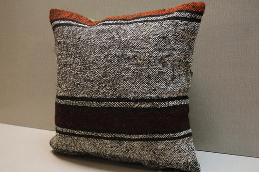 Handwoven Kilim Pillow Cover: Gray, Red, Black Tribal Design
