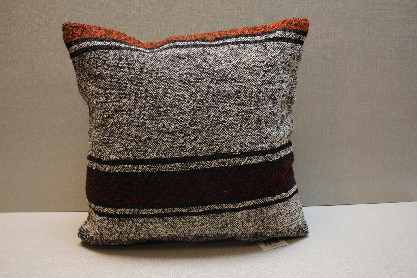 Handwoven Kilim Pillow Cover: Gray, Red, Black Tribal Design