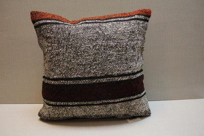 Handwoven Kilim Pillow Cover: Gray, Red, Black Tribal Design