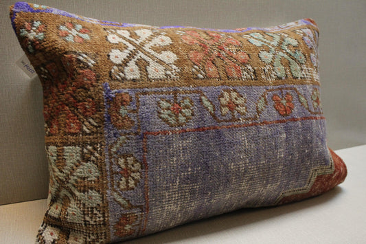 Handmade Kilim Pillow Cover: Lilac, Brown, & Green Floral Woven Rug