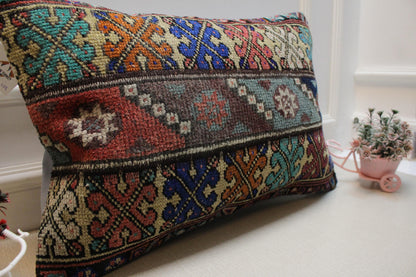 Handmade Kilim Pillow Cover: Upcycled Turkish Wool, Tribal Design (16x24 in