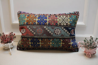 Handmade Kilim Pillow Cover: Upcycled Turkish Wool, Tribal Design (16x24 in