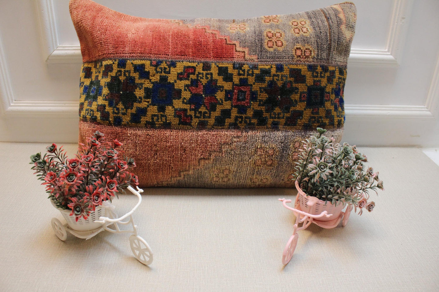 Handmade Kilim Pillow Cover: Upcycled Woven Rug, Red Tones (16x24 in.)