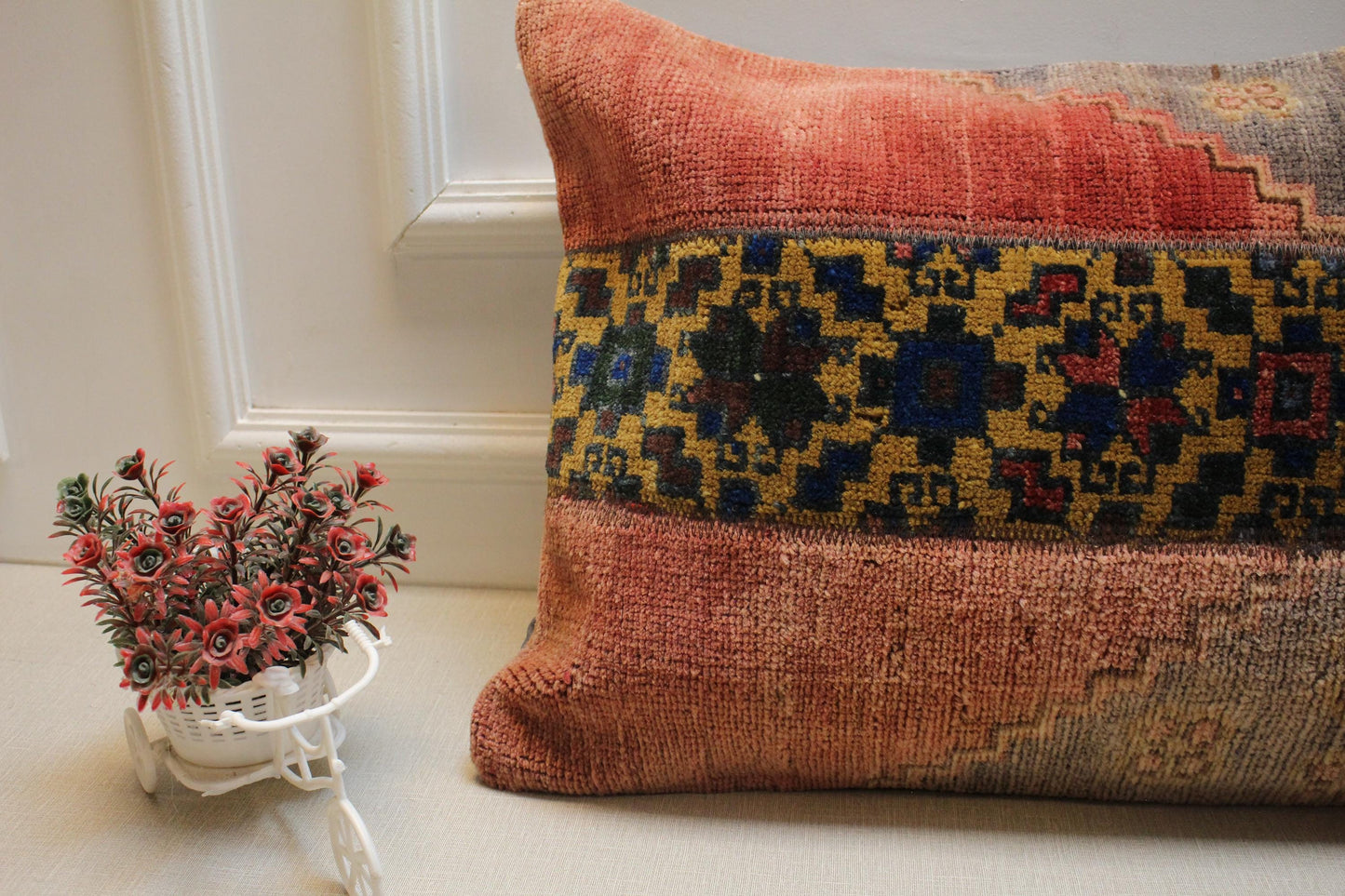 Handmade Kilim Pillow Cover: Upcycled Woven Rug, Red Tones (16x24 in.)