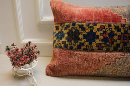 Handmade Kilim Pillow Cover: Upcycled Woven Rug, Red Tones (16x24 in.)