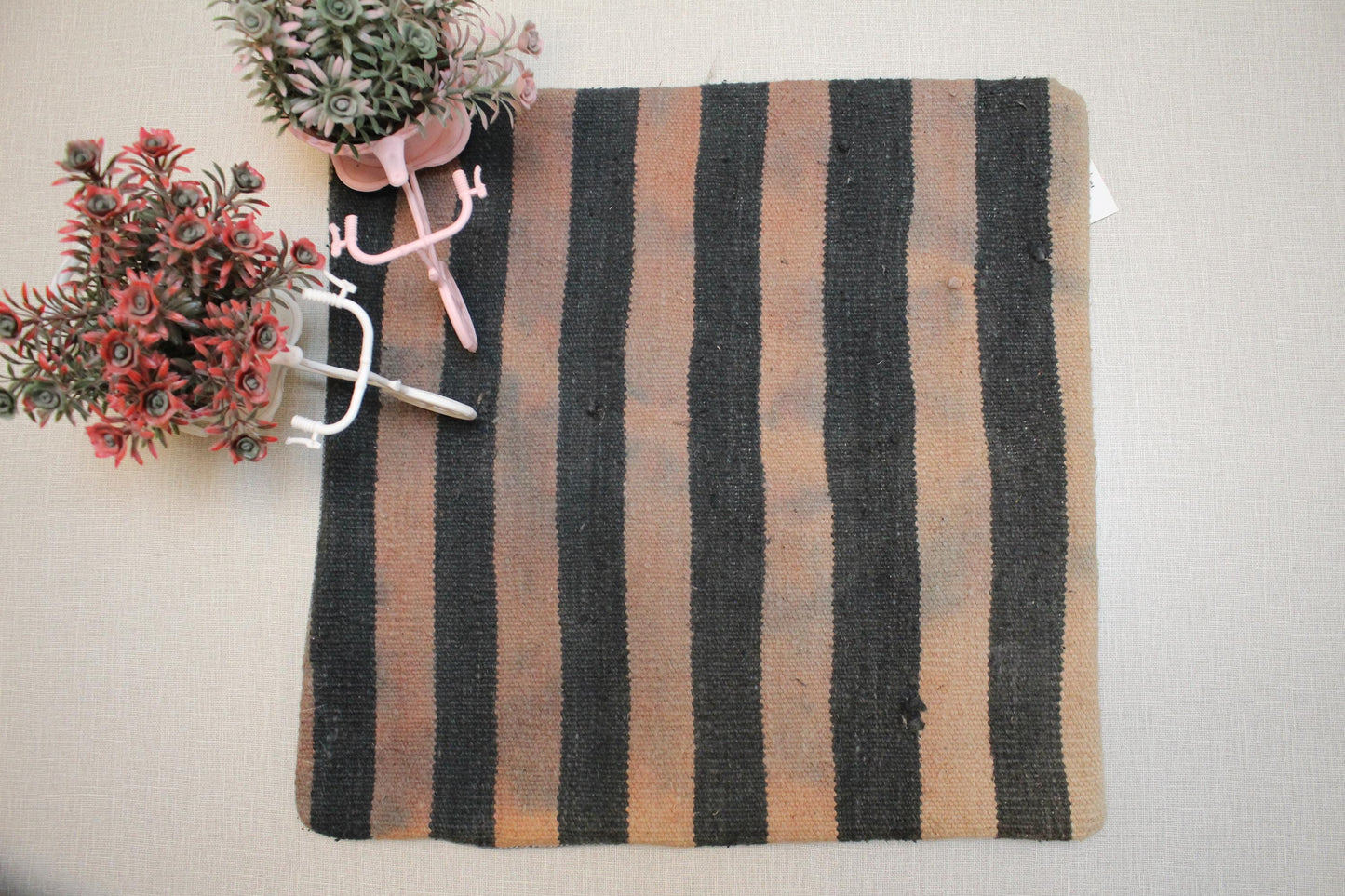 Vintage Turkish Kilim Pillow Cover: Black & Beige Striped Wool