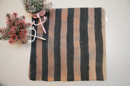 Vintage Turkish Kilim Pillow Cover: Black & Beige Striped Wool