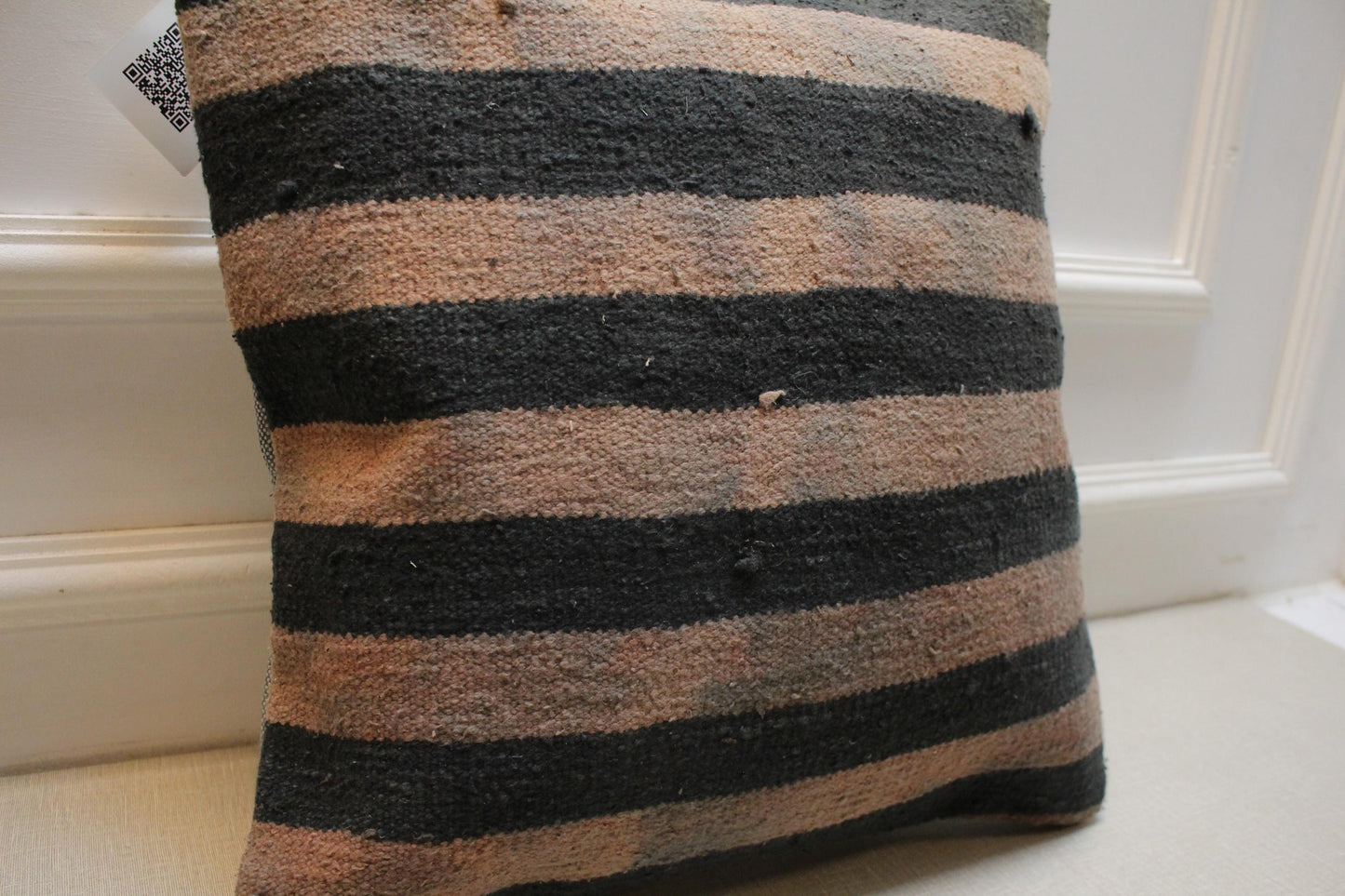 Vintage Turkish Kilim Pillow Cover: Black & Beige Striped Wool