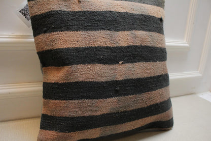 Vintage Turkish Kilim Pillow Cover: Black & Beige Striped Wool