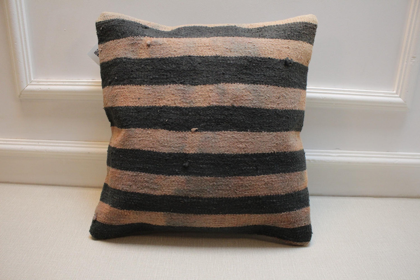 Vintage Turkish Kilim Pillow Cover: Black & Beige Striped Wool