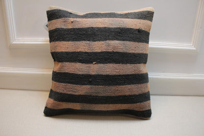Vintage Turkish Kilim Pillow Cover: Black & Beige Striped Wool