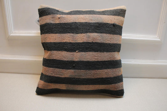 Vintage Turkish Kilim Pillow Cover: Black & Beige Striped Wool