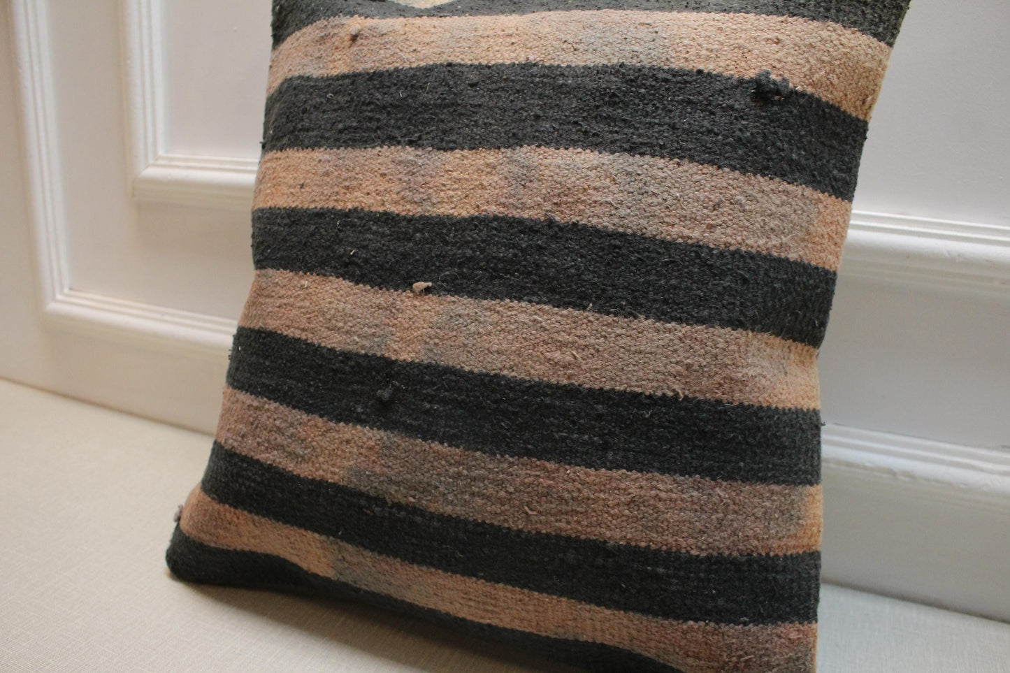 Vintage Turkish Kilim Pillow Cover: Black & Beige Striped Wool