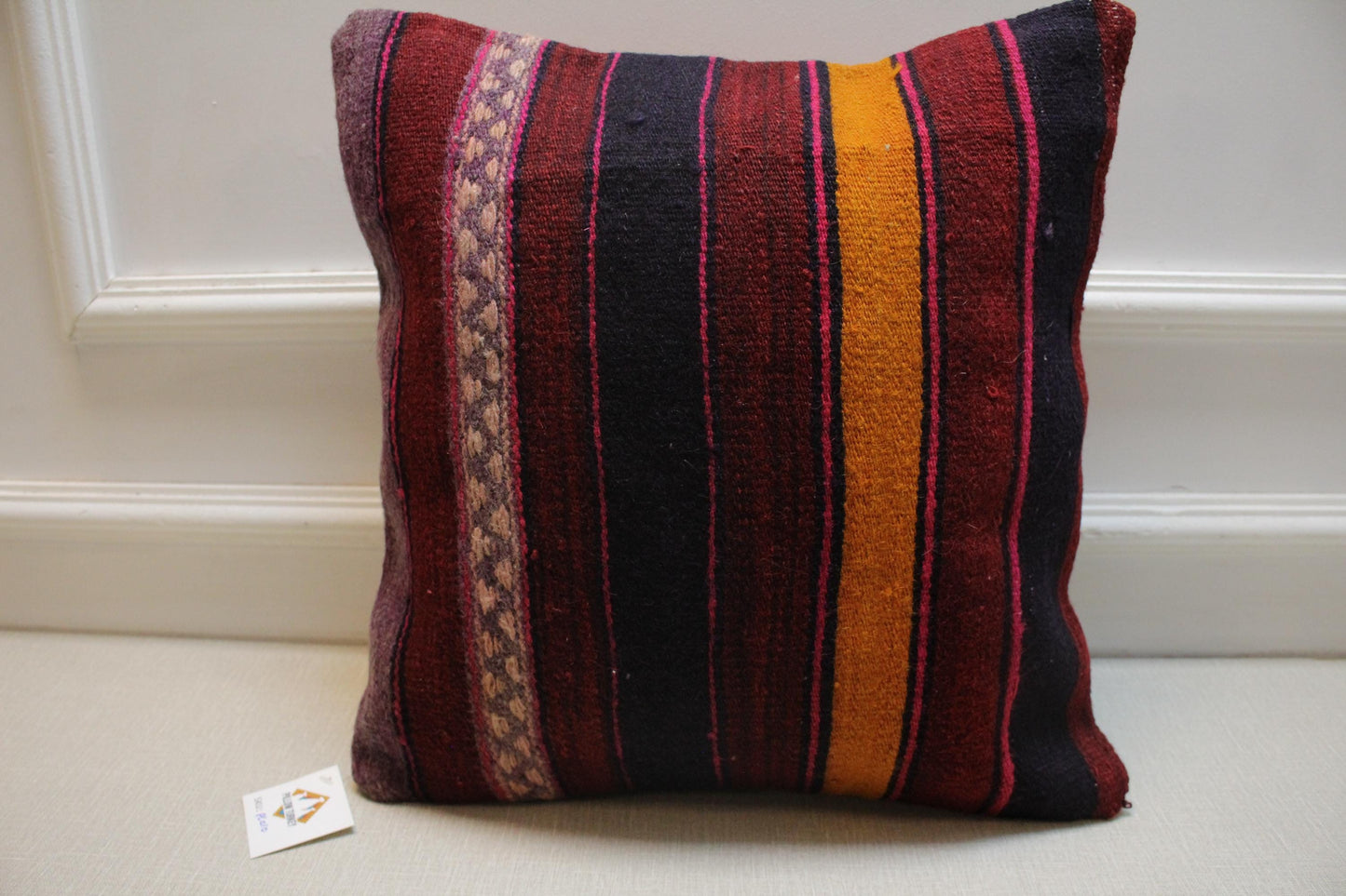 Handwoven Kilim Pillow Cover: Red, Orange, Purple Boho Decor