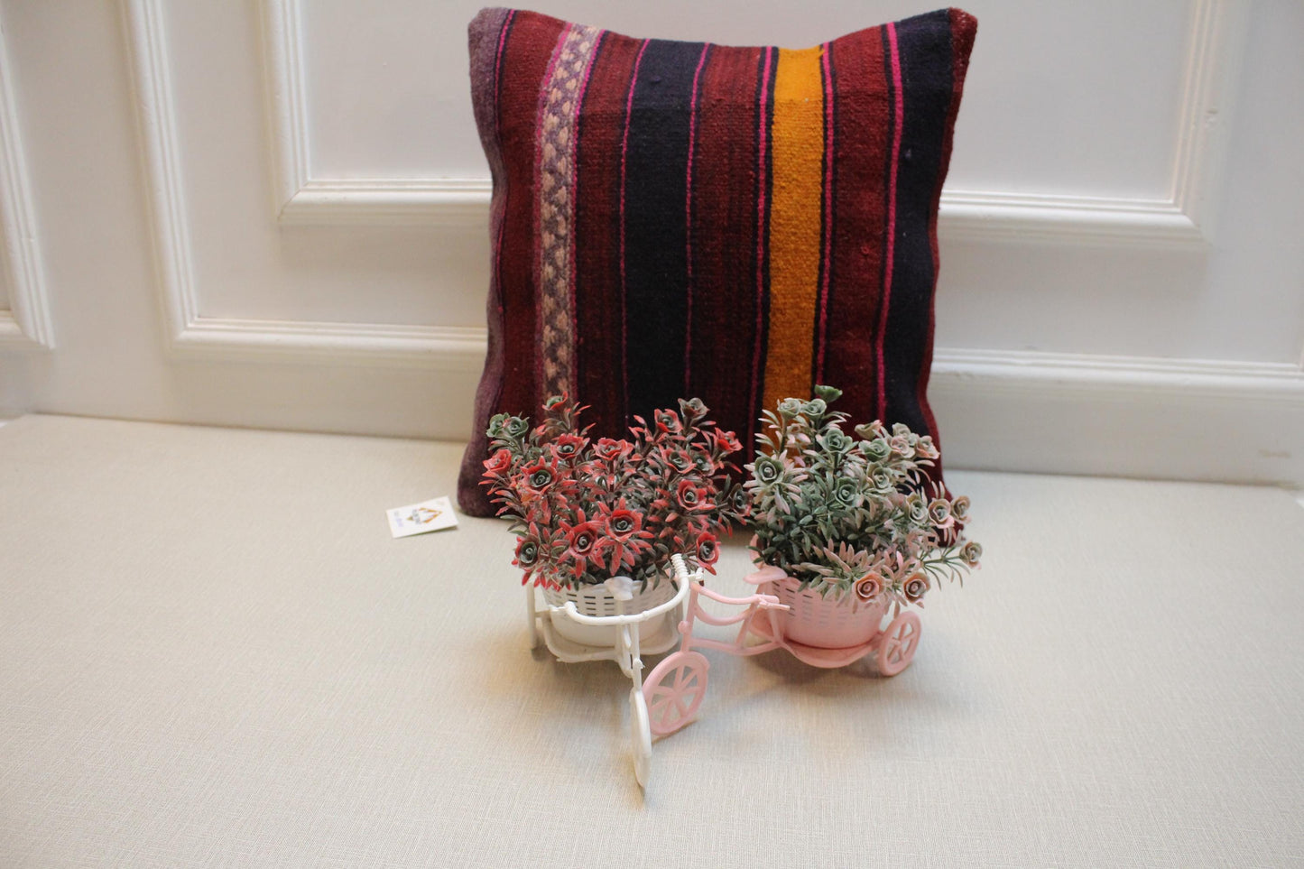 Handwoven Kilim Pillow Cover: Red, Orange, Purple Boho Decor