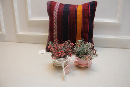 Handwoven Kilim Pillow Cover: Red, Orange, Purple Boho Decor