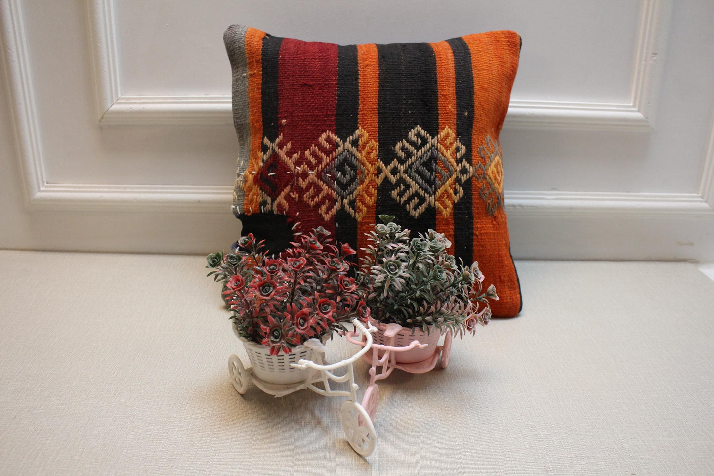 Handmade Kilim Pillow Cover: Upcycled Woven Wool, Tribal Diamondd