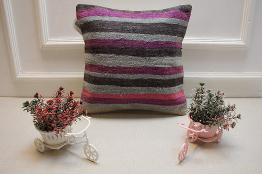 Handmade Kilim Pillow Cover: Gray, Pink & Purple Boho Decor