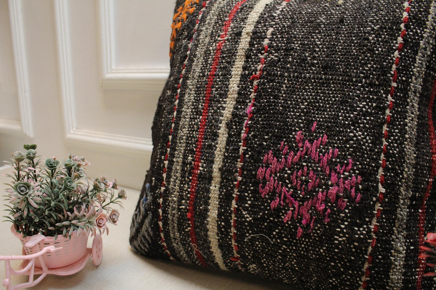 Handmade Kilim Pillow Cover: Upcycled Woven Rug, Tribal Stripes