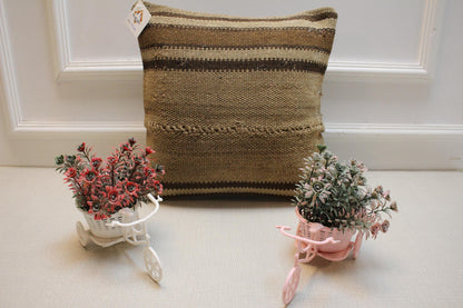 Handmade Kilim Pillow Cover: Beige & Cream Turkish Rug, 16x16 inc