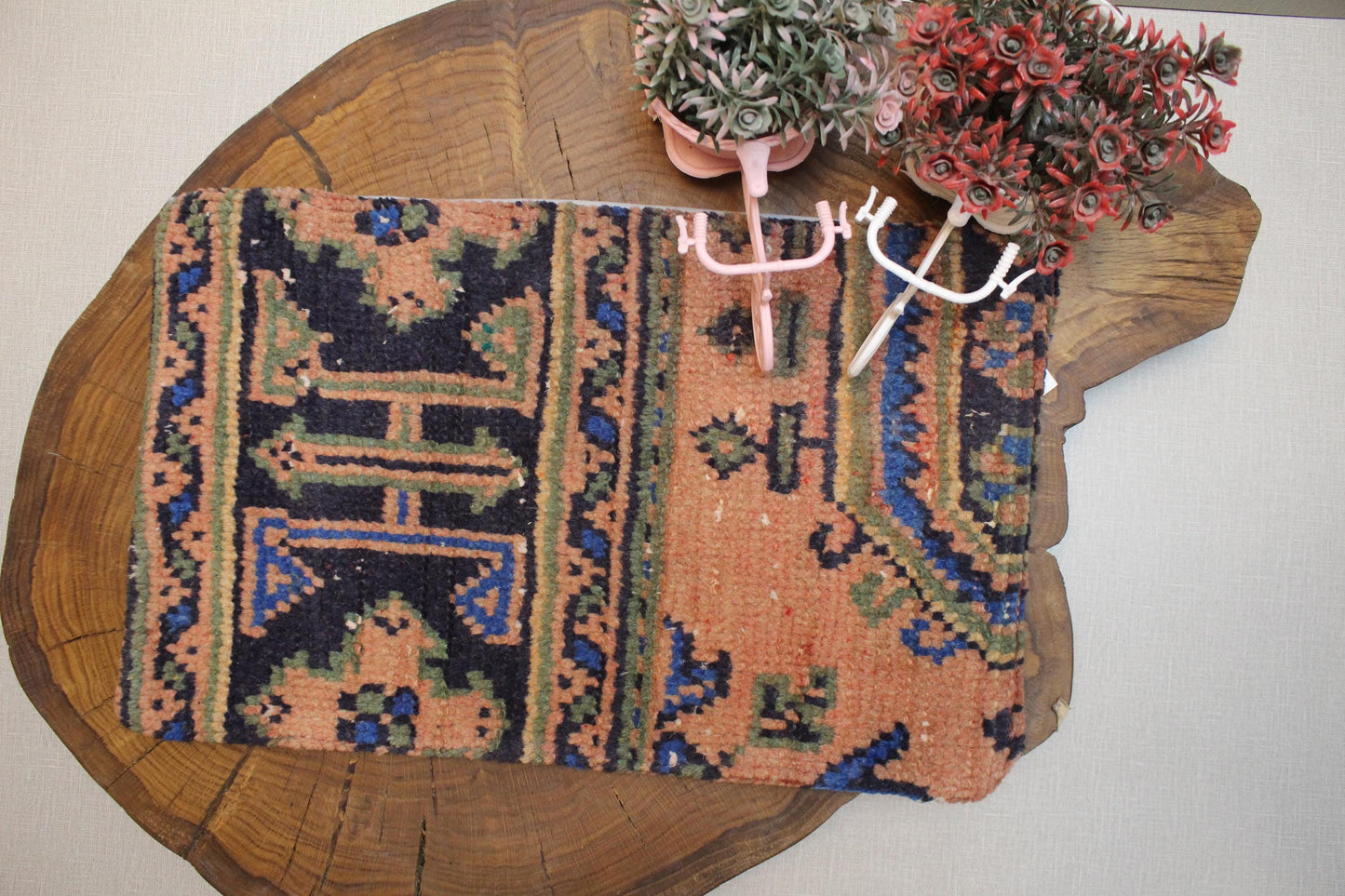 Vintage Turkish Kilim Pillow Cover: Terracotta & Navy Tribal Design