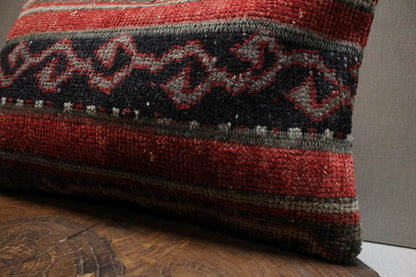 Handmade Kilim Pillow Cover: Upcycled Tribal Rug, Red Black Gray - 12x20 in