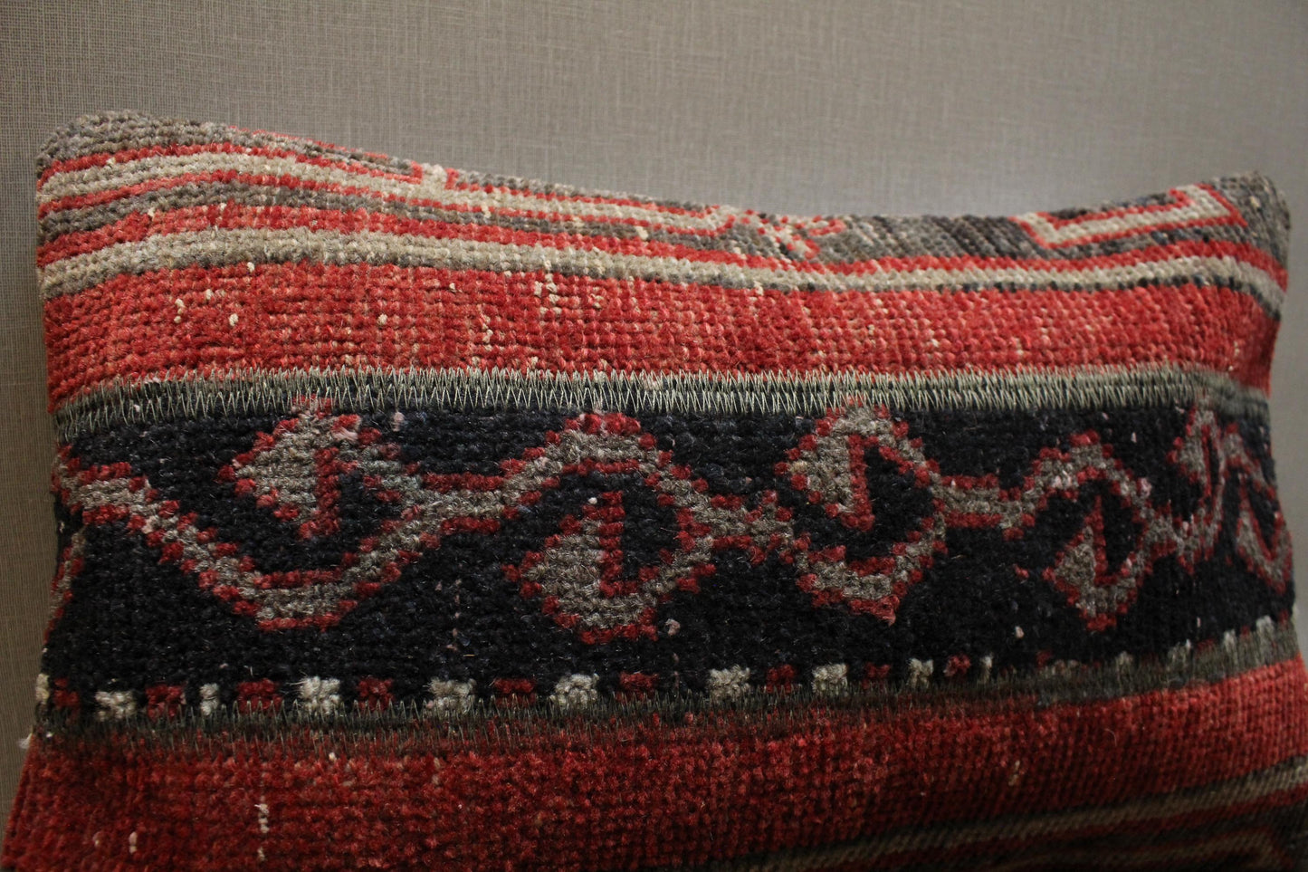 Handmade Kilim Pillow Cover: Upcycled Tribal Rug, Red Black Gray - 12x20 in