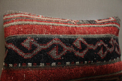 Handmade Kilim Pillow Cover: Upcycled Tribal Rug, Red Black Gray - 12x20 in