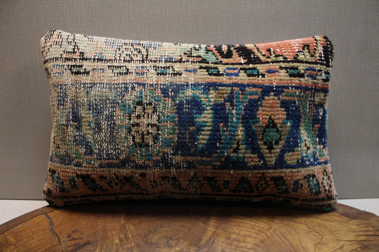 Handmade Kilim Pillow Cover: Navy, Teal & Peach Woven Rug