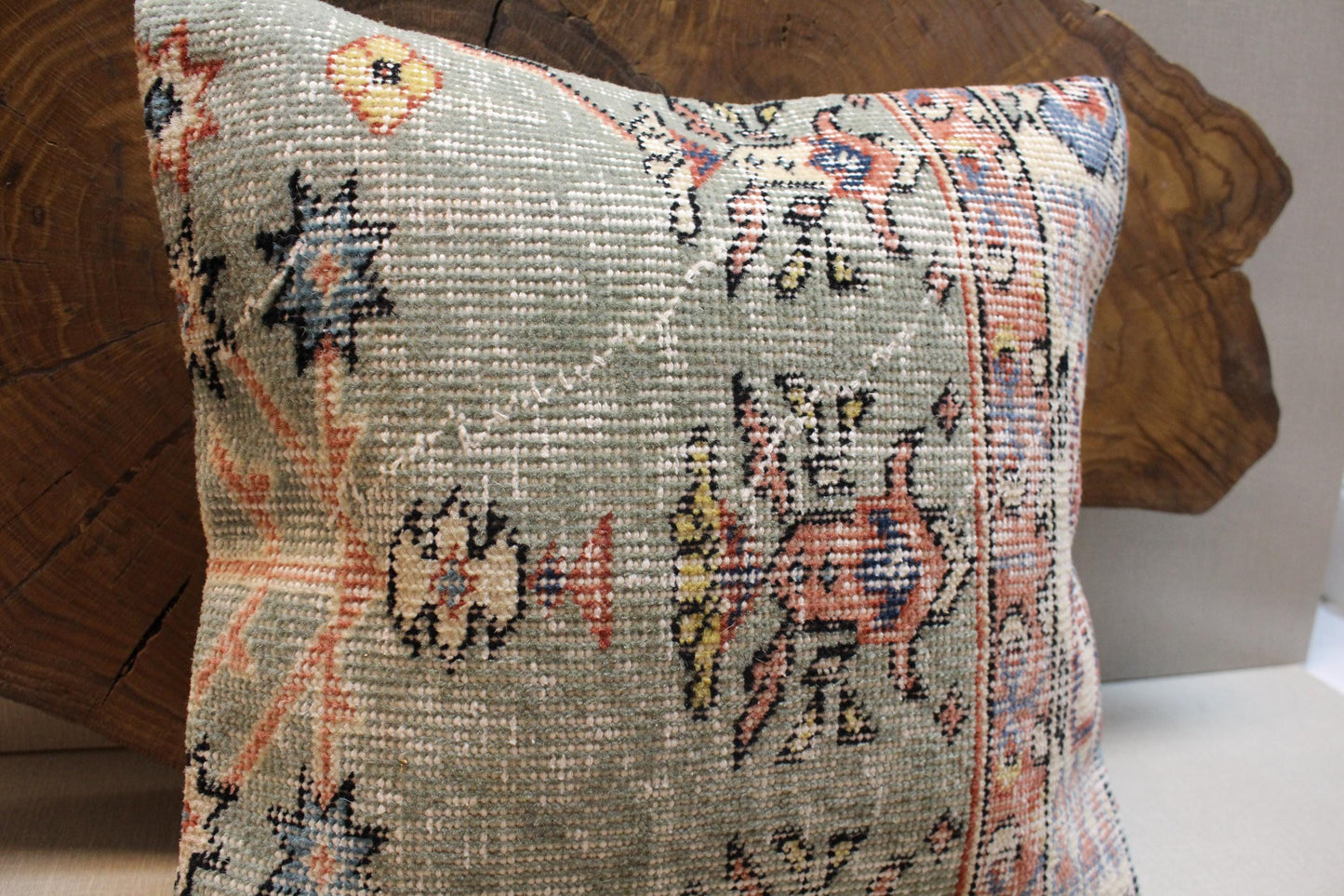 Handmade Kilim Pillow Cover: Upcycled Woven Rug, Sage Green Boho Decor