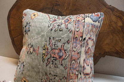 Handmade Kilim Pillow Cover: Upcycled Woven Rug, Sage Green Boho Decor