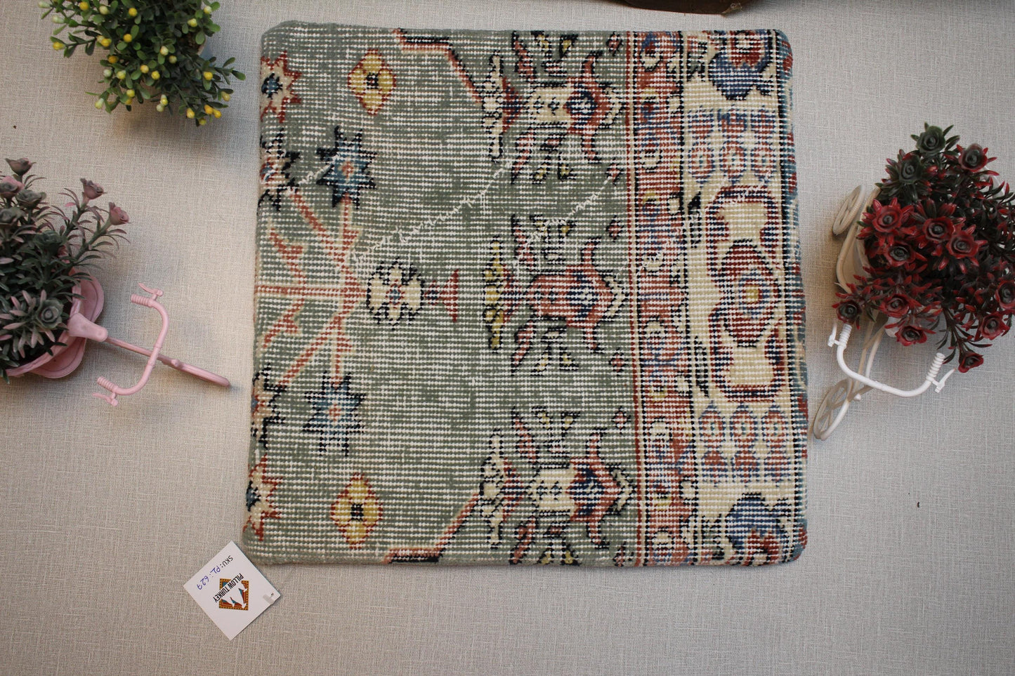 Handmade Kilim Pillow Cover: Upcycled Woven Rug, Sage Green Boho Decor