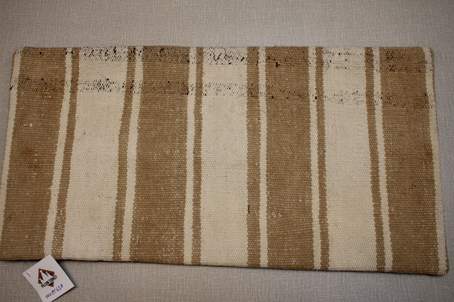 Handwoven Kilim Pillow Cover: Beige Cream Wool, Upcycled Rug (12x24 in.)