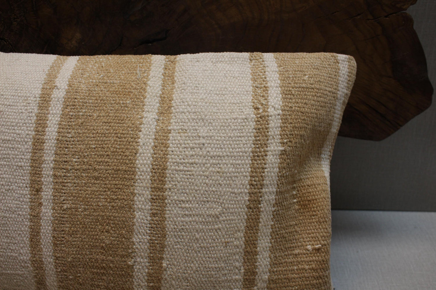 Handwoven Kilim Pillow Cover: Beige Cream Wool, Upcycled Rug (12x24 in.)