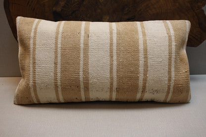 Handwoven Kilim Pillow Cover: Beige Cream Wool, Upcycled Rug (12x24 in.)
