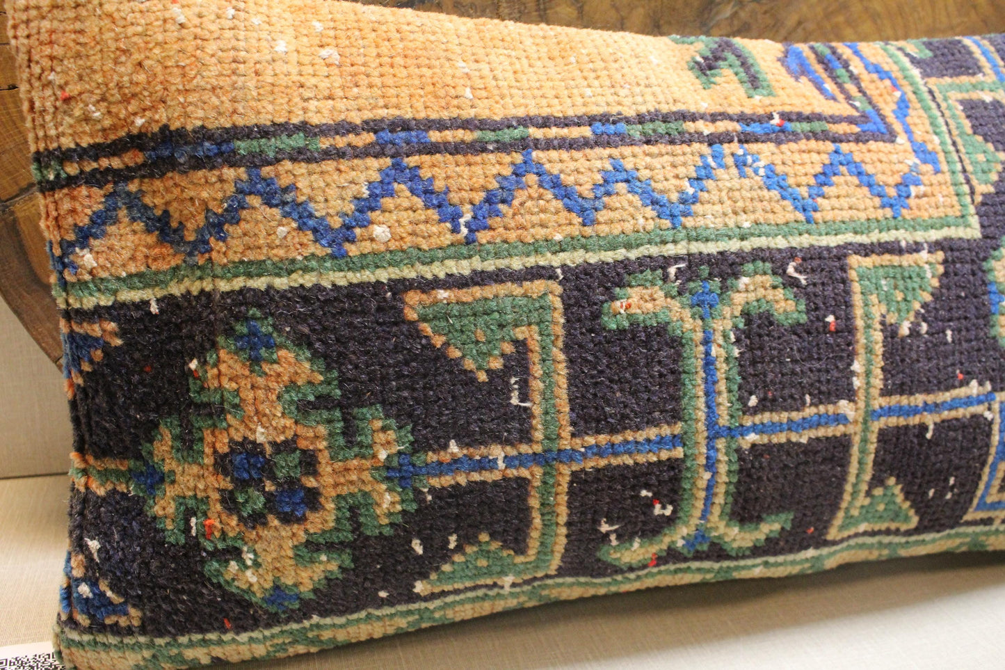 Handwoven Kilim Lumbar Pillow Cover: Navy, Green, and Tan Geometric Design