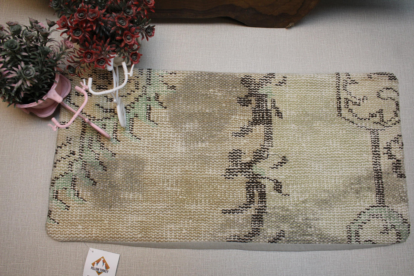 Handmade Kilim Pillow Cover: Upcycled Turkish Wool, Beige Boho Accent