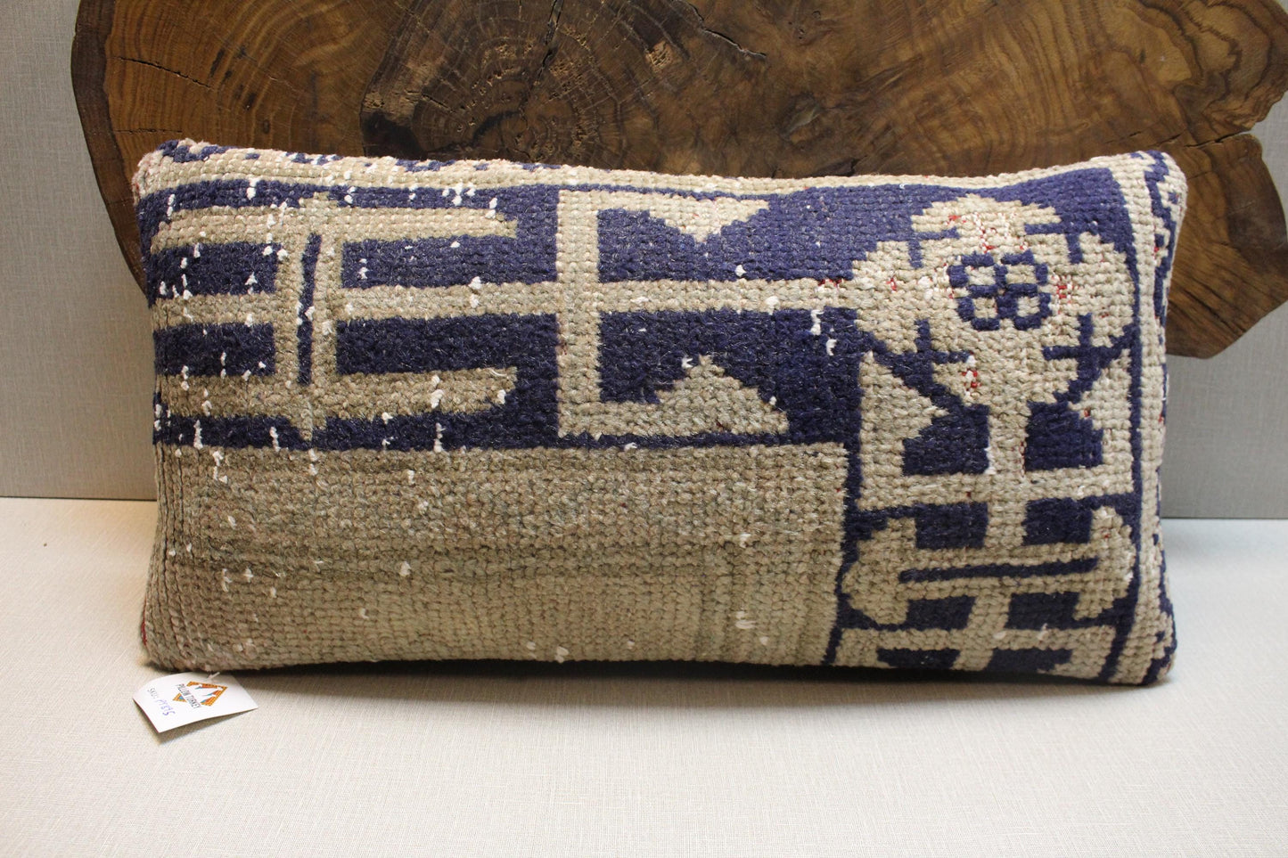 Vintage Turkish Kilim Pillow Cover: Navy Beige Geometric Boho Accent
