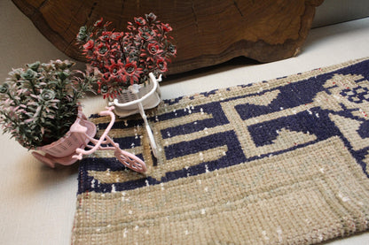 Vintage Turkish Kilim Pillow Cover: Navy Beige Geometric Boho Accent
