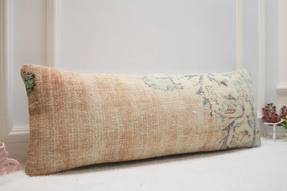 Handwoven Turkish Kilim Lumbar Pillow: Beige Boho Home Decor