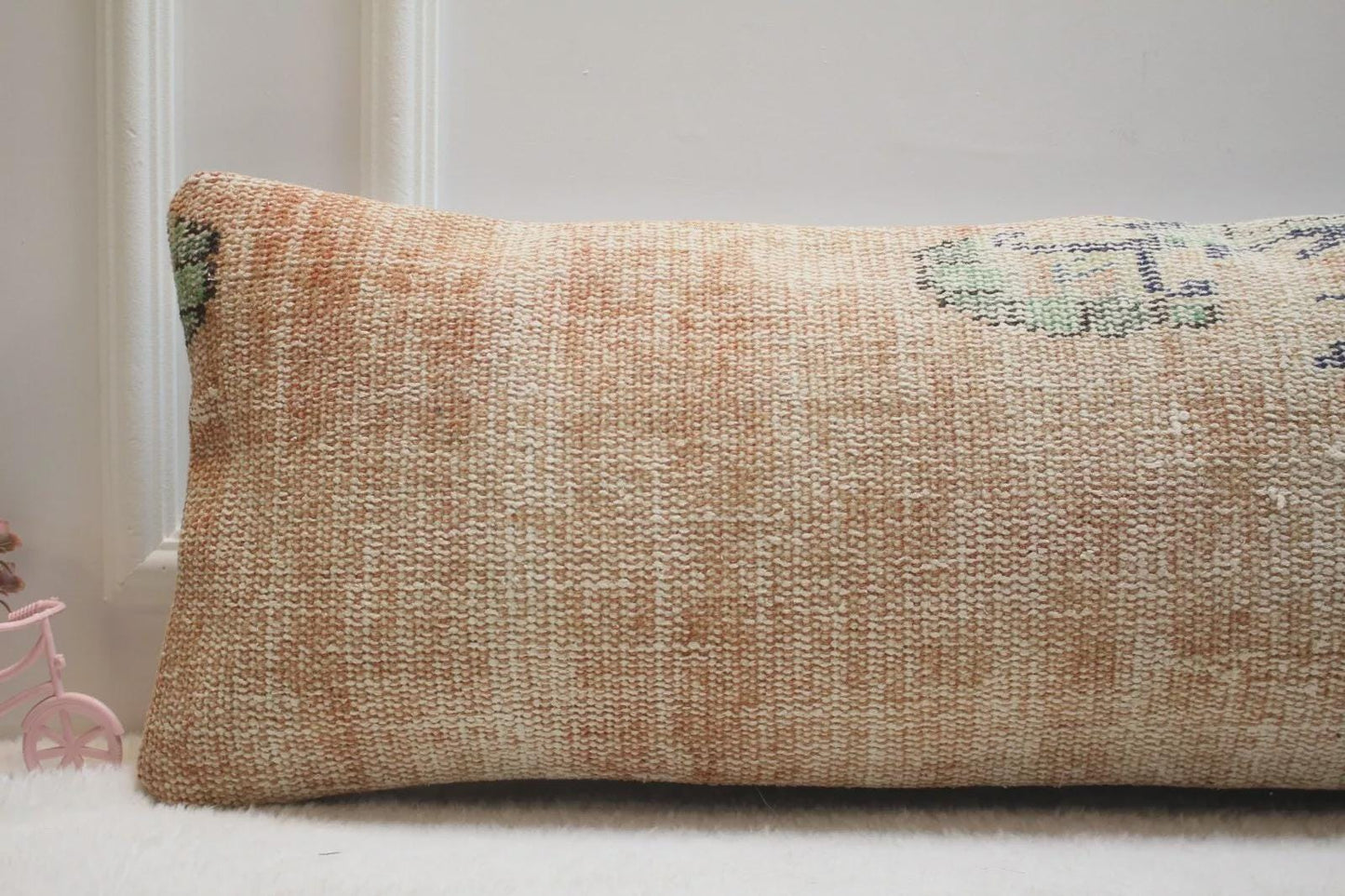 Handwoven Turkish Kilim Lumbar Pillow: Beige Boho Home Decor