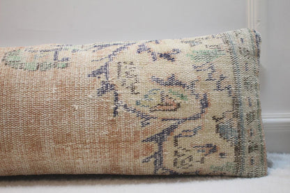 Handwoven Turkish Kilim Lumbar Pillow: Beige Boho Home Decor
