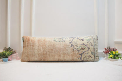Handwoven Turkish Kilim Lumbar Pillow: Beige Boho Home Decor