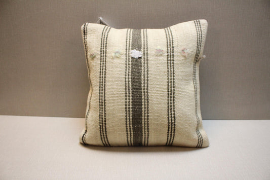 Handmade Kilim Pillow Cover: Upcycled Wool Rug, Brown & Beige 16x16