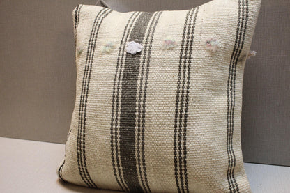 Handmade Kilim Pillow Cover: Upcycled Wool Rug, Brown & Beige 16x16