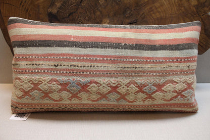 Handmade Kilim Pillow Cover: Upcycled Woven Rug, Tribal Design (12x24 in.)