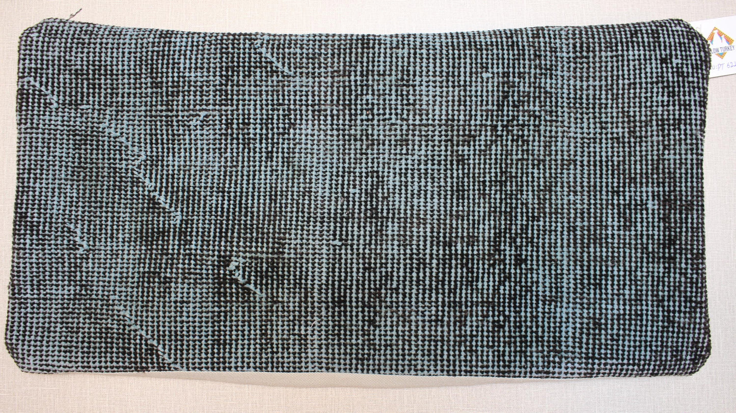 Vintage Kilim Pillow Cover: Black & Pale Blue Woven Wool Lumbar
