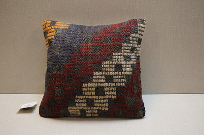 Vintage Turkish Kilim Pillow Cover: Geometric Woven Wool, 12x12