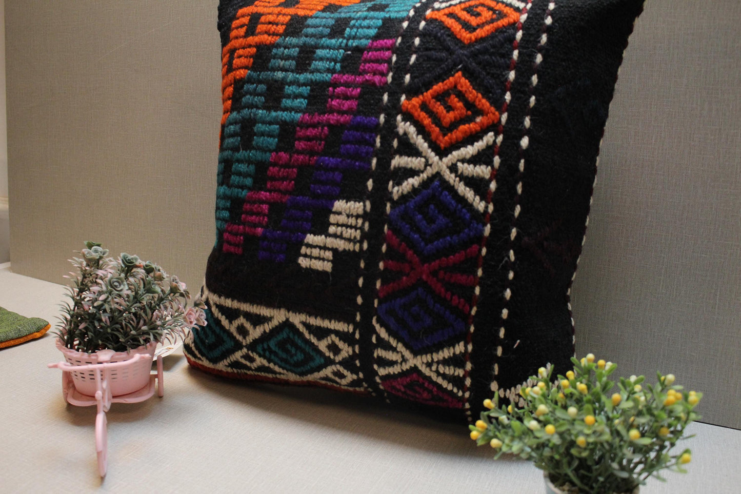 Handwoven Kilim Pillow Cover: Upcycled Wool Rug, Boho Decor (18x18 in